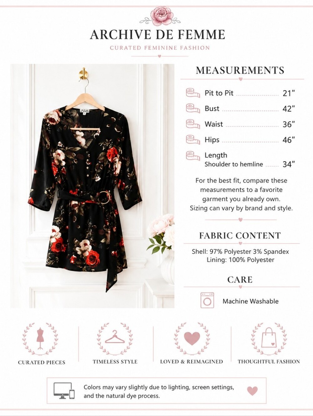 J for Justify Black Floral Mini Dress L Belted V Neck 3/4 Sleeve Romantic - Picture 8 of 11